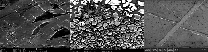 Meteoritenbruchfläche; organische Ablagerungen auf Stahl;  Neumannsche Bänder